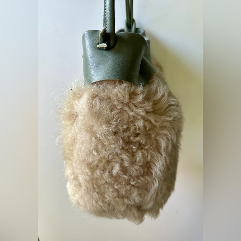 Il Bizonte Lamb Shearling & Sage Green Leather Elegant Women's Bag 15”x13” - Picture 9 of 14